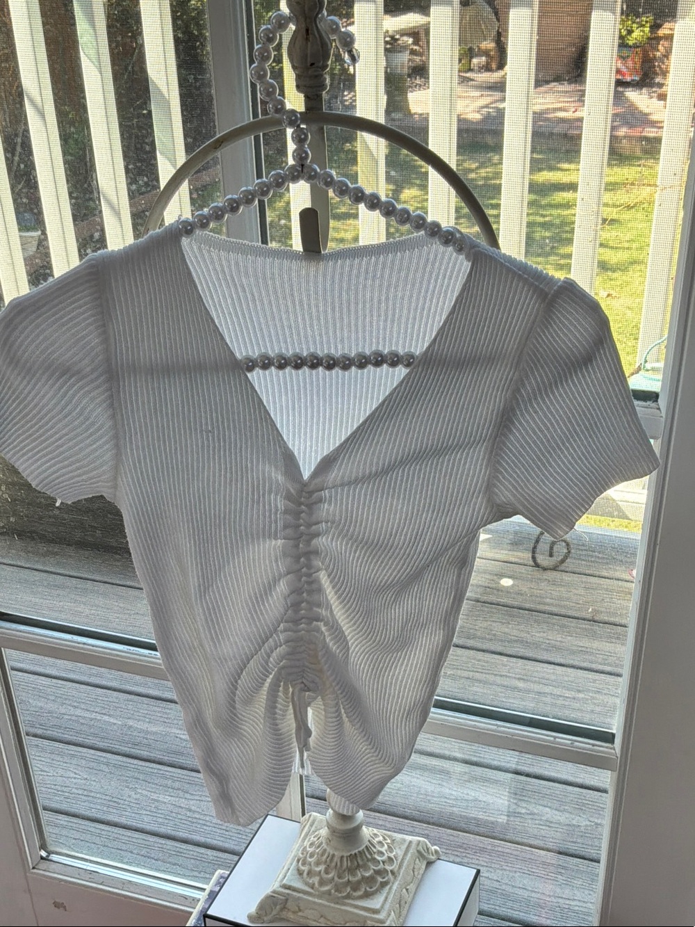 White Ribbed Ruched Front Short Sleeve Top
